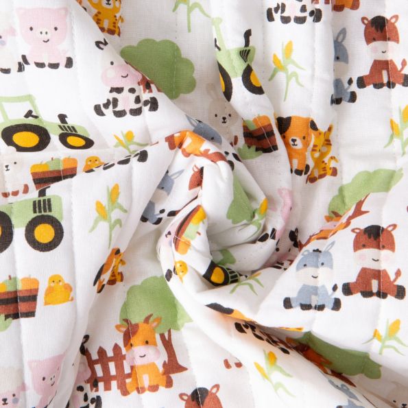 Tissu Coton Matelassé réversible Ray animaux de la ferme sur fond Blanc - Par 10 cm