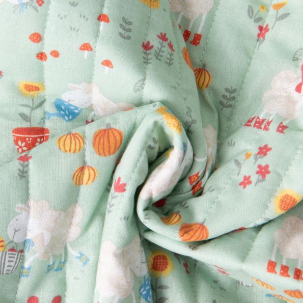 Tissu Matelassé Coton réversible Ray little sheep sur fond Vert menthe - Par 10 cm