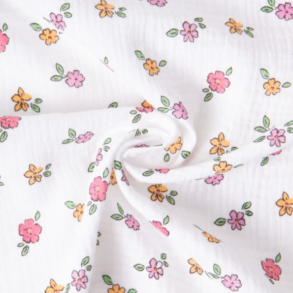 Tissu Double gaze de Coton Grace petites fleurs sur fond Blanc - Par 10 cm