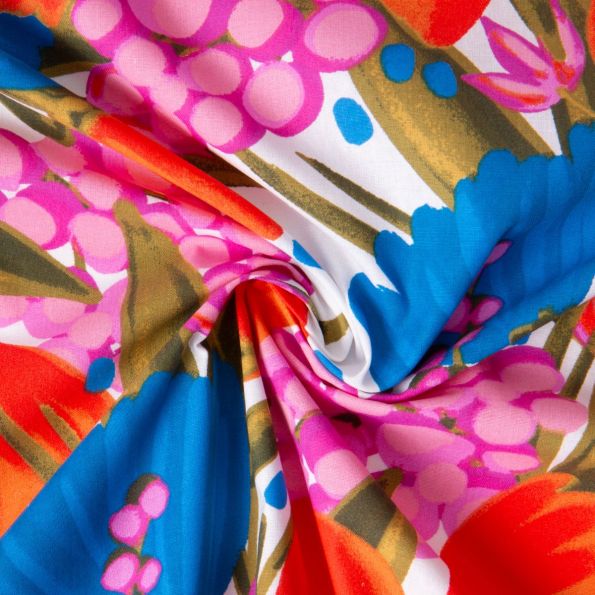 Tissu Polycoton imprimé Pallanca multicolore sur fond Blanc - Par 10 cm