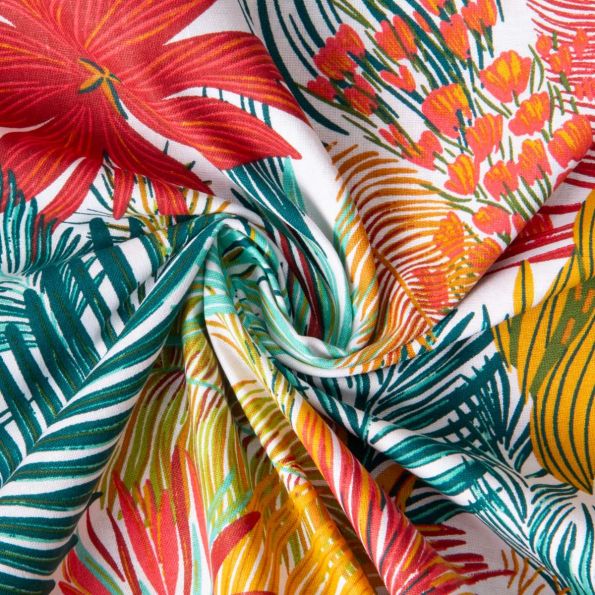 Tissu Coton imprimé Rio jungle exhubérante sur fond Blanc - Par 10 cm