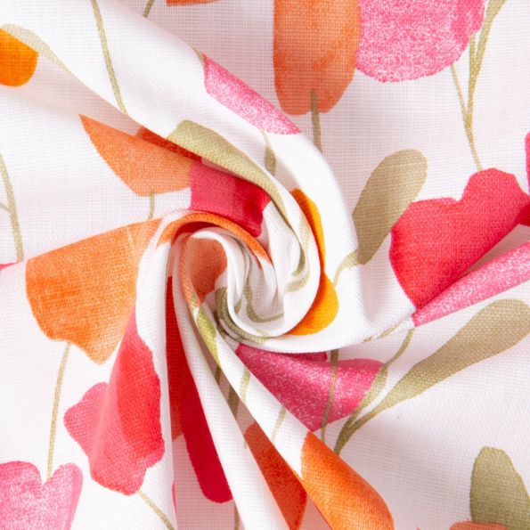 Tissu Toile de Coton Dafne tulipes Rose et Orange sur fond Blanc - Par 10 cm