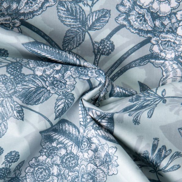 Tissu Toile Polycoton Saone murier sauvage sur fond Bleu gris - Par 10 cm