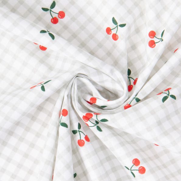Tissu Coton imprimé Carreaux et cerises sur fond Blanc - Par 10 cm