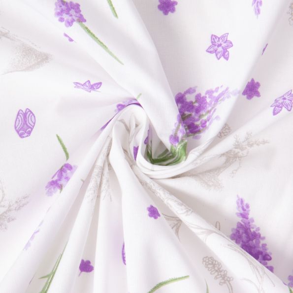 Tissu Polycoton imprimé Lavandia sur fond Blanc - Par 10 cm