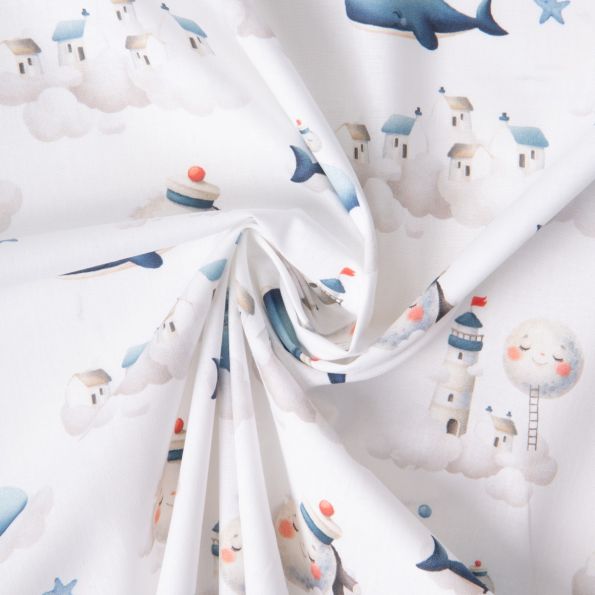 Tissu Coton imprimé Rêves marins sur fond Blanc - Par 10 cm