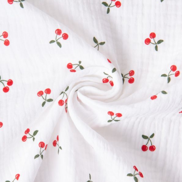 Tissu Double gaze de Coton Ruby petites cerises sur fond Blanc - Par 10 cm