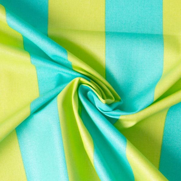 Tissu Coton Enduit Rayures Bicolore acidulés turquoise sur fond Vert menthe - Par 10 cm