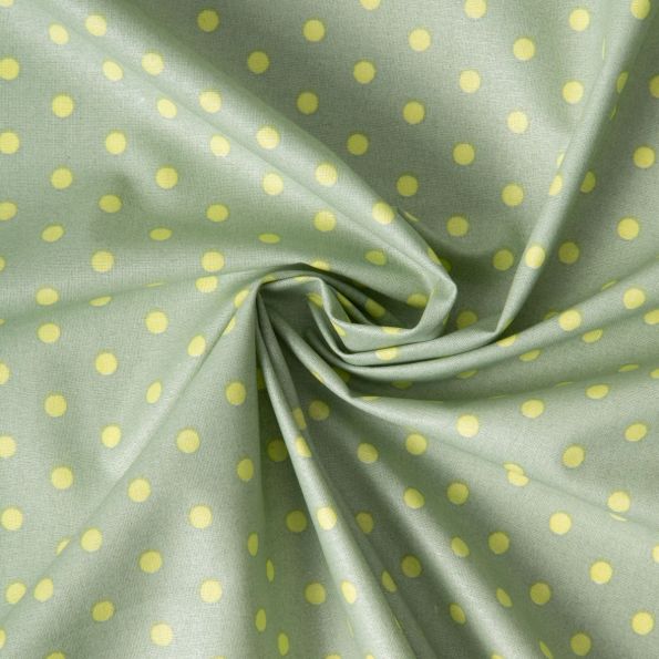 Tissu Coton enduit petits points Jaune sur fond Vert amande - Par 10 cm