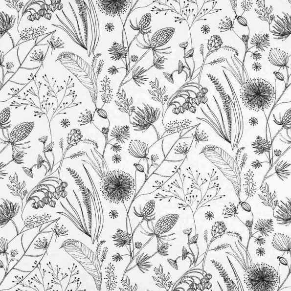 Tissu Toile Savoie enduit fleurs noires Herbia sur fond Blanc - Par 10 cm