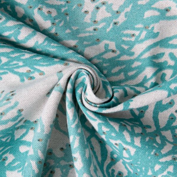 Tissu Toile de Coton Calédonie turquoise sur fond Naturel - Par 10 cm