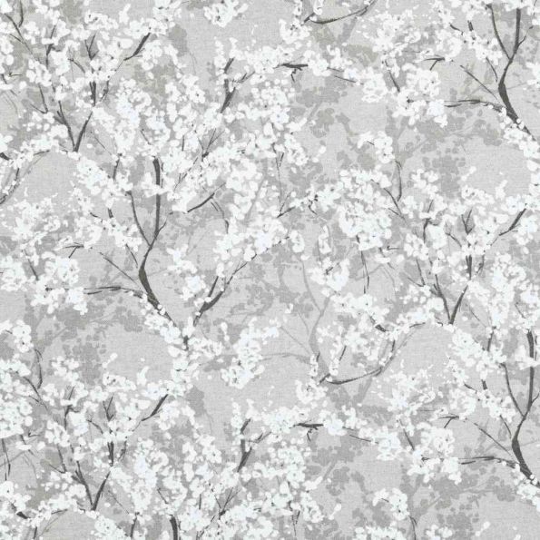 Tissu Toile Savoie fleurs Yoshino sur fond Gris clair - Par 10 cm