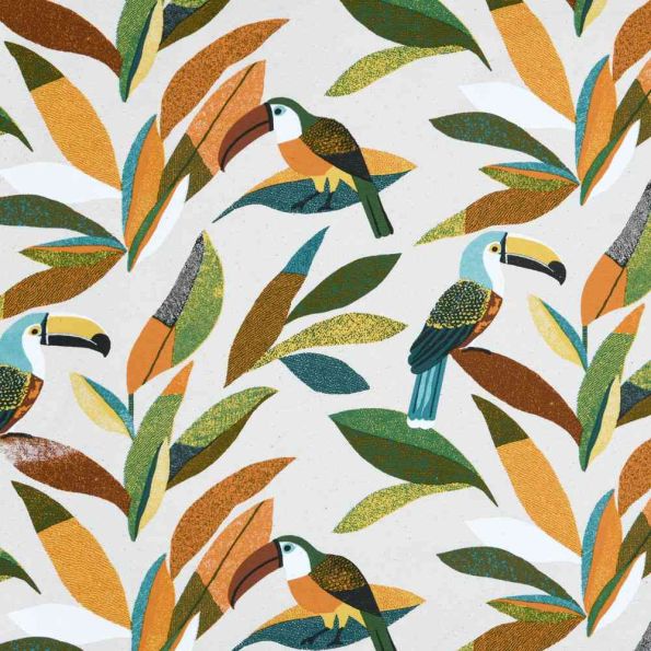 Tissus Toile de Polycoton Toucan Tropik sur fond Ecru - Par 10 cm