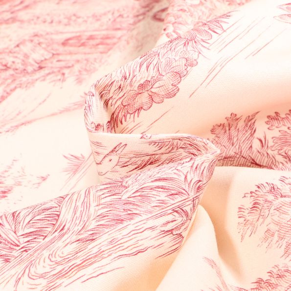 Coupon De Tissu Toile De Jouy - Dimensions 180 X 180 Cm, Blanc Et Rouge Pastel - Occasion Pour Ameublement, Couture