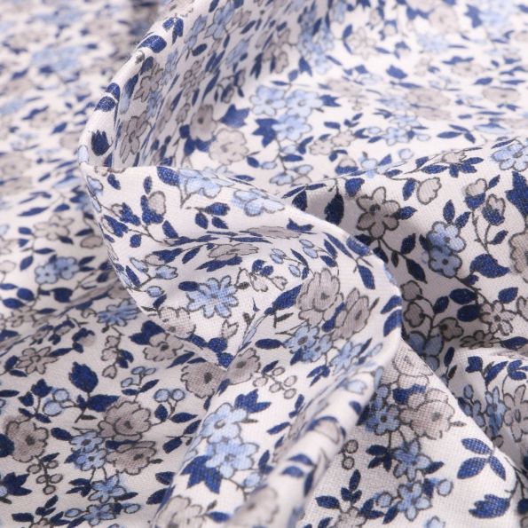 Coupon Tissu Coton imprimé Arty Léonie bleu et gris sur fond Blanc - Par coupon de 3 mètres