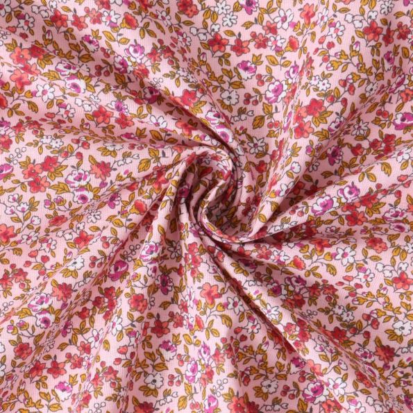 Tissu Coton Cretonne Léonie petites fleurs Rouges sur fond Rose - Par 10 cm