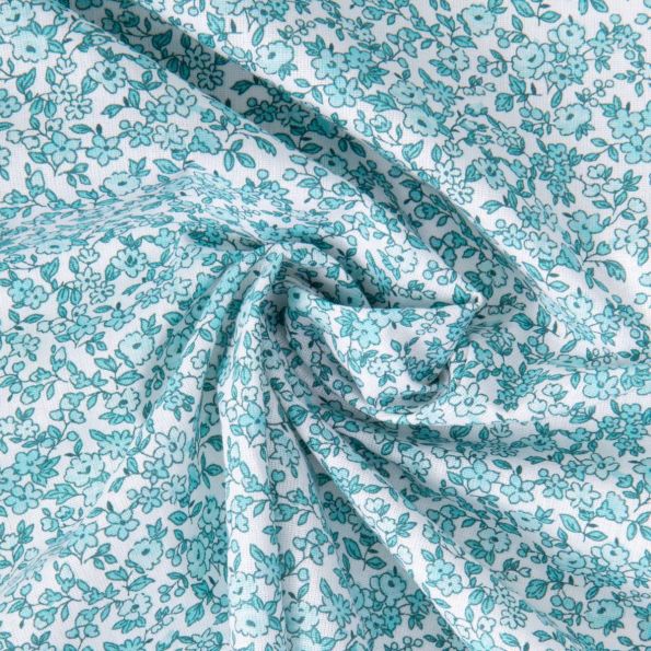 Tissu Coton imprimé Arty Léonie Menthe et bleu sur fond Blanc - Par 10 cm