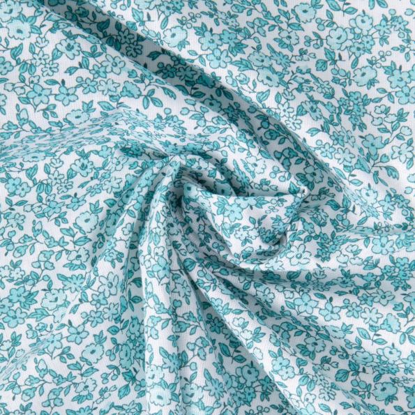 Coupon Tissu Coton imprimé Arty Léonie Menthe et bleu sur fond Blanc - Par coupon de 3 mètres