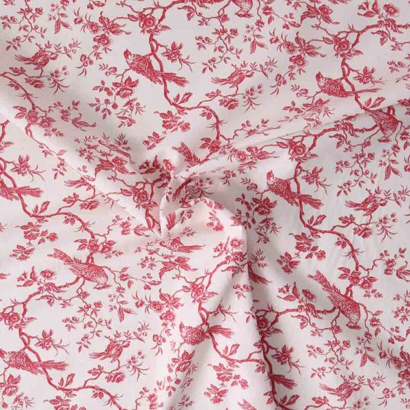 Tissu Coton imprimé aspect toile Mésange Cerise sur fond Blanc - Par 10 cm