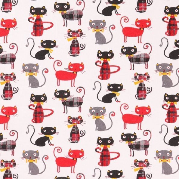 Tissu Coton Imprimé Arty Chats Rouges, noirs et gris sur fond Blanc - Par 10 cm