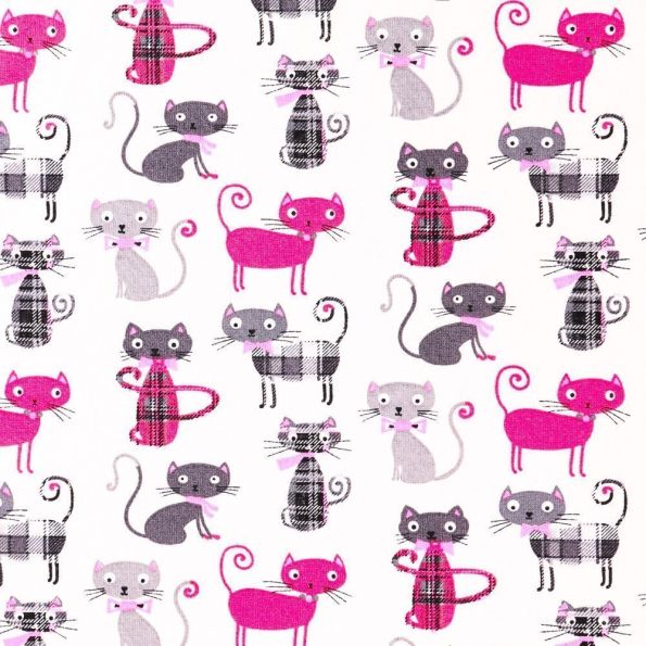 Tissu Coton Imprimé Arty Chats Roses et gris sur fond Blanc - Par 10 cm