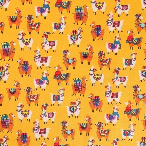 Tissu Coton Imprimé Arty Lamas multicolores sur fond Jaune orangé - Par 10 cm