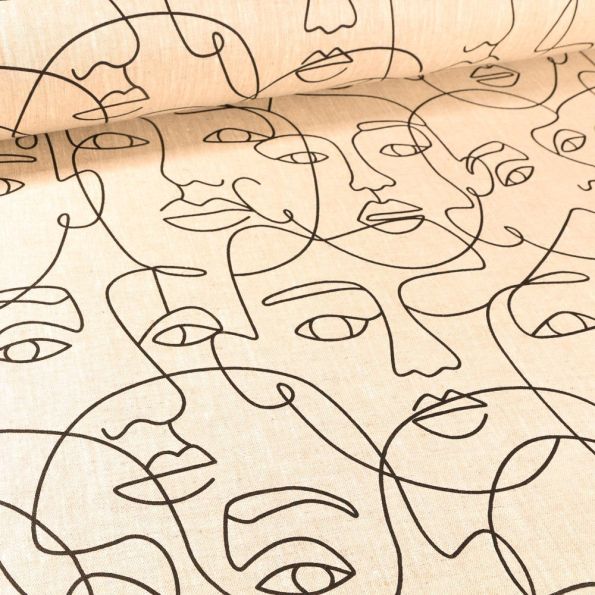Tissu Lin d'ameublement Visages stylisés sur fond Naturel - Par 10 cm