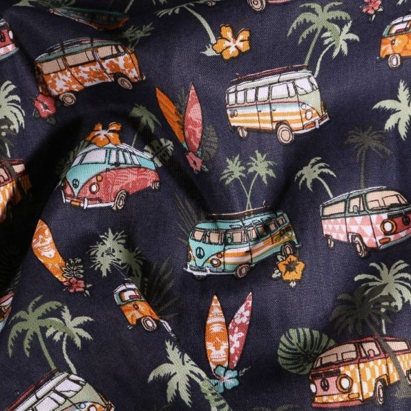 Tissu Coton imprimé Arty Combi Hawaï sur fond Bleu marine - Par 10 cm