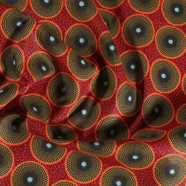 Tissu Coton imprimé Arty Batik Cercles verts et jaunes sur fond Rouge - Par 10 cm