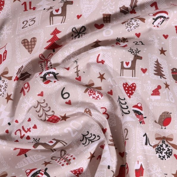 Tissu Coton imprimé Arty Calendrier de l'avent sur fond Beige - Par 10 cm