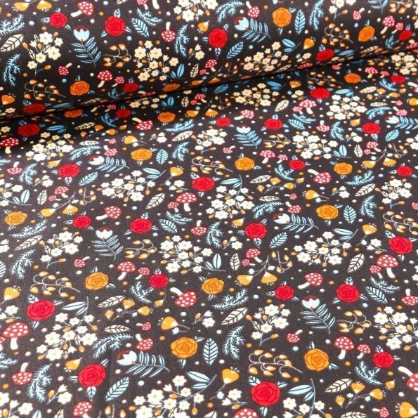 Tissu Coton imprimé Arty Balade champêtre sur fond Noir - Par 10 cm