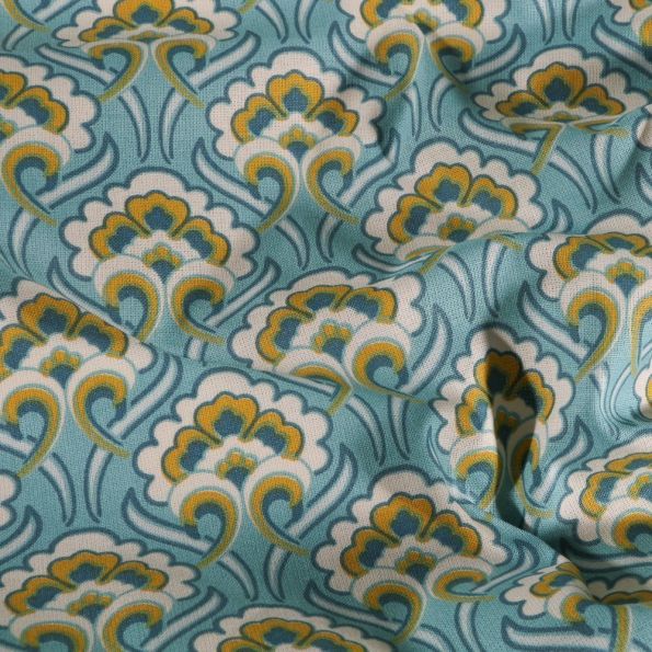 Tissu Coton imprimé Arty Arabesques fleurs sur fond Bleu - Par 10 cm