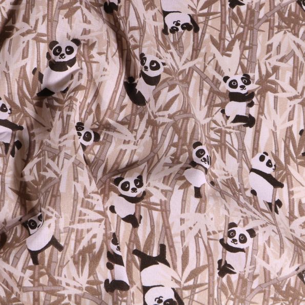 Tissu Coton imprimé Arty Panda et bambou beige sur fond Blanc cassé - Par 10 cm