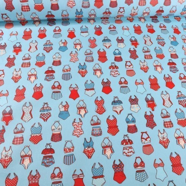Tissu Coton enduit Maillots de bain sur fond Bleu - Par 10 cm