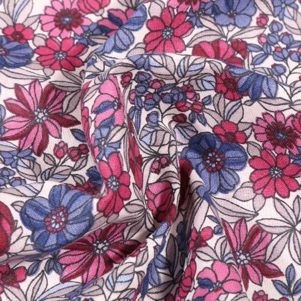 Tissu Coton imprimé Arty Bouton d'or rose et violet sur fond Blanc - Par 10 cm