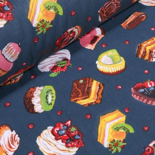 Tissu Coton imprimé Arty Pâtisserie sur fond Bleu marine - Par 10 cm