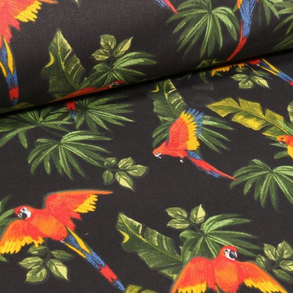 Tissu Coton imprimé Arty Perroquet et feuilles tropicales sur fond Noir - Par 10 cm