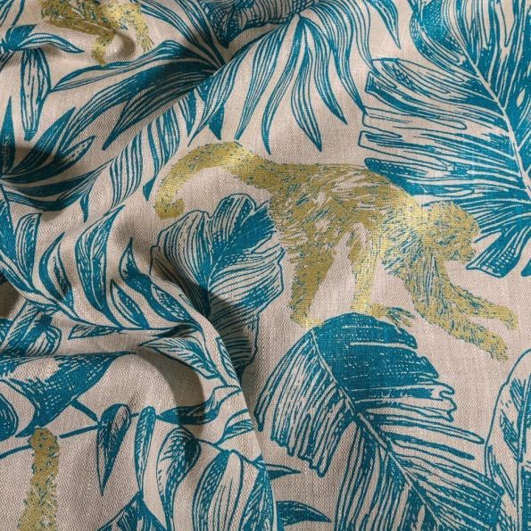 Tissu Lin d'ameublement Feuilles bleu pétrole et singes dorés sur fond Naturel - Par 10 cm