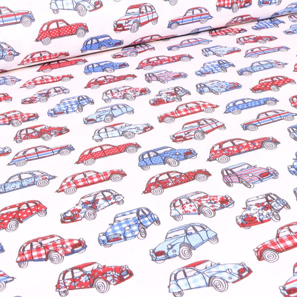 Tissu Coton imprimé Arty Dedeuche bleu blanc rouge sur fond Blanc - Par 10 cm