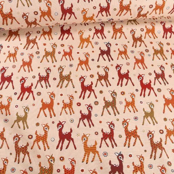 Tissu Toile Coton Bambi coloré sur fond Naturel - Par 10 cm