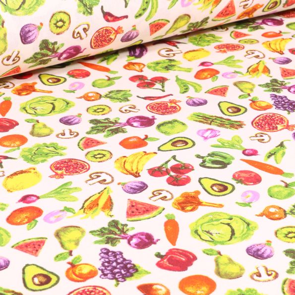 Tissu Coton imprimé Arty Fruits et légumes sur fond Blanc - Par 10 cm