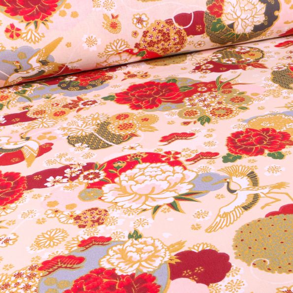 Tissu Coton imprimé Ikebana sur fond Ecru - Par 10 cm