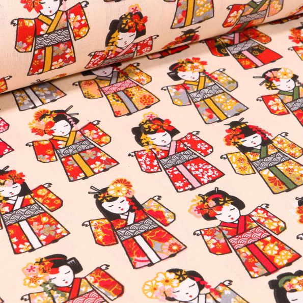 Tissu Coton imprimé Arty Geisha sur fond Beige - Par 10 cm