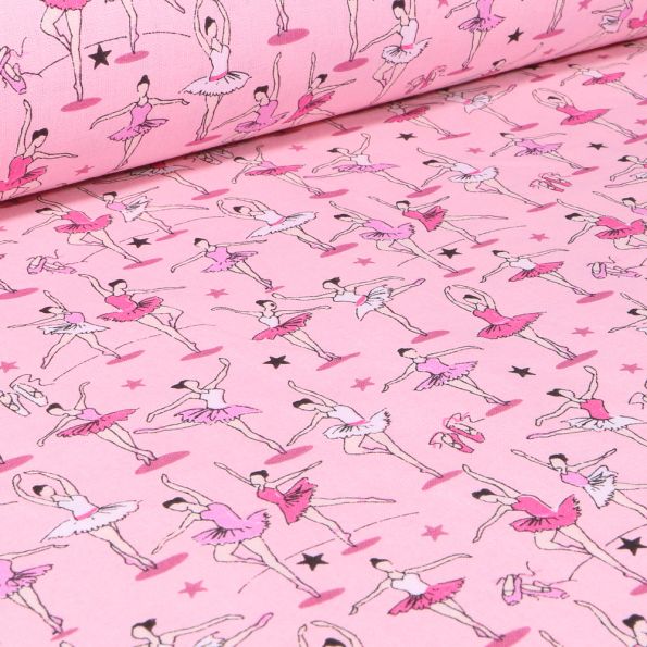 Tissu Coton imprimé Arty Danseuse étoiles sur fond Rose bonbon - Par 10 cm