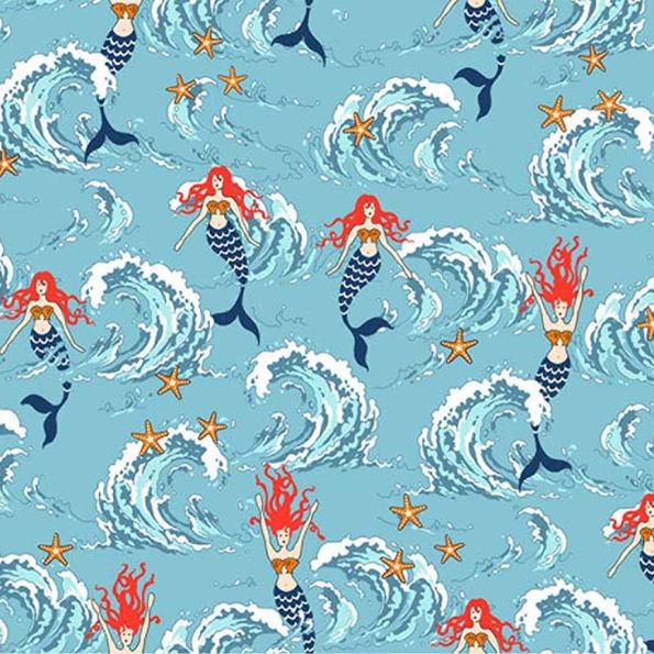 Tissu Coton imprimé Sirènes océan sur fond Bleu ciel - Par 10 cm