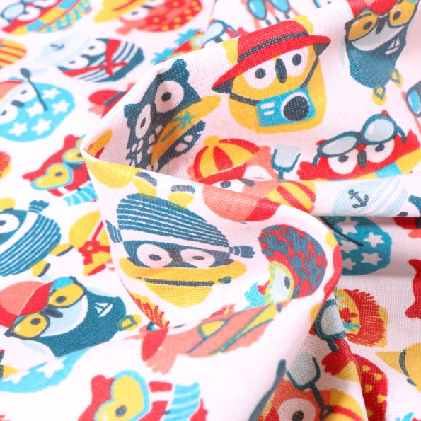 Tissu Coton enduit Hiboux summer Aqua sur fond Blanc - Par 10 cm