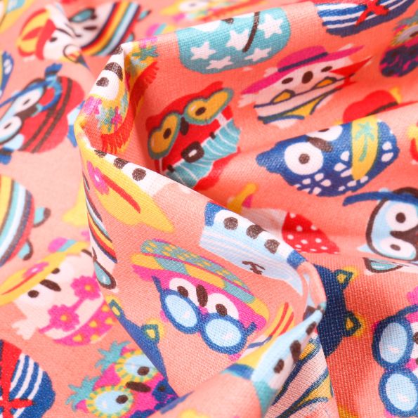 Tissu Coton enduit Hiboux summer sur fond Corail - Par 10 cm