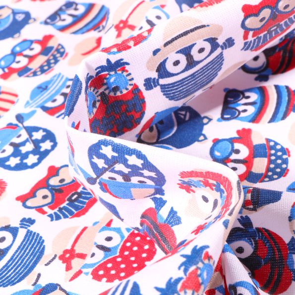 Tissu Coton enduit Hiboux summer Navy sur fond Blanc - Par 10 cm