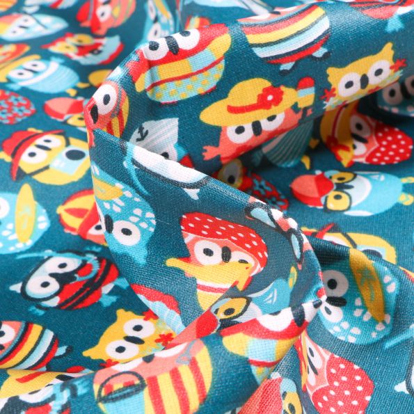 Tissu Coton enduit Hiboux summer sur fond Bleu pétrole - Par 10 cm
