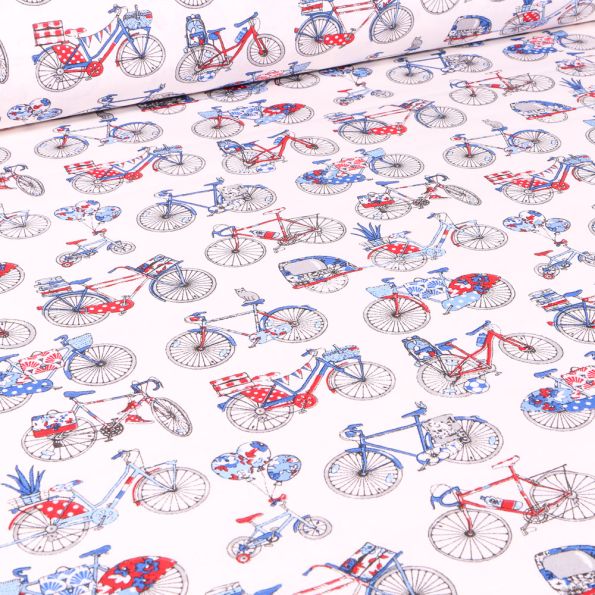 Tissu Coton imprimé Arty Bicyclette rouge et bleu sur fond Blanc - Par 10 cm